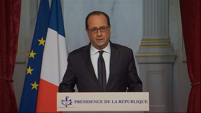 This image taken from the French television pool shows French President, Francois Hollande making an emergency broadcast Friday evening, Nov. 13, 2015. Several dozen people were killed Friday in the deadliest attacks to hit Paris since World War II, French President Francois Hollande said, announcing that he was closing the country's borders and declaring a state of emergency. (French televison pool via AP) FRANCE OUT